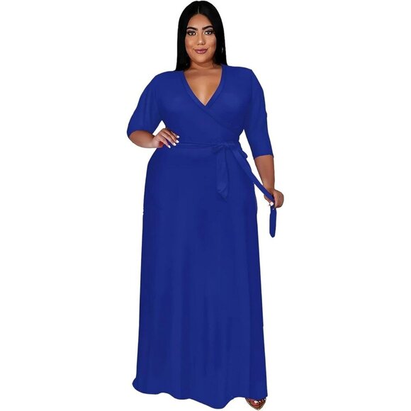 Dresses & Skirts - Women's  1005-dark Blue Polyester Blend Floral 3/4 Sleeve With Belt Elegant Maxi